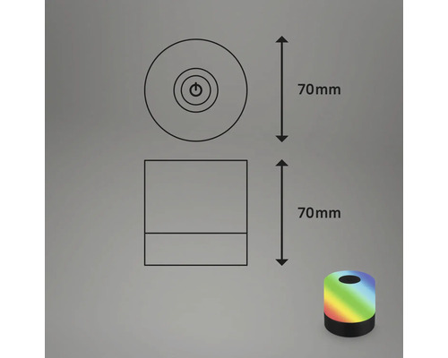 Illustration du produit avec dimensions : hauteur 70 mm, diamètre 70 mm