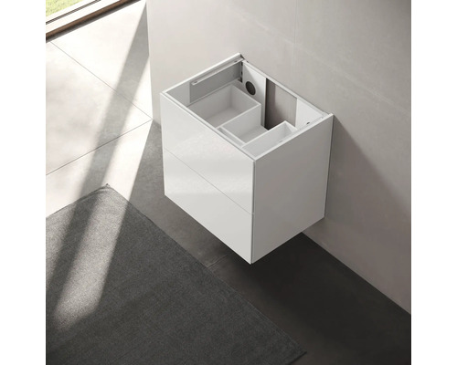 Meuble sous-lavabo blanc avec deux tiroirs et intérieur ouvert pour salle de bain
