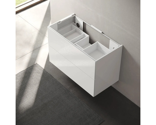 Meuble sous-lavabo blanc avec tiroirs et boîtes de rangement pour salle de bains