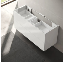 Meuble sous-vasque blanc avec deux tiroirs et compartiments ouverts pour salle de bain