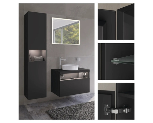 Modernes Badezimmerensemble mit Waschtisch, Spiegel und Hochschrank