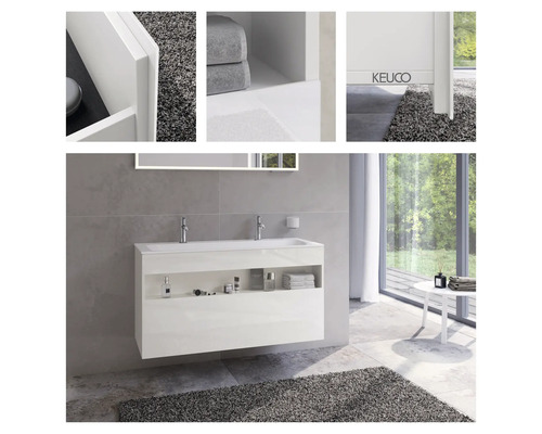 Modernes Badezimmer mit weißem Waschtischunterschrank und Ablagefläche