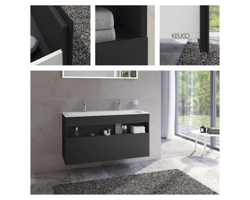 Salle de bains moderne avec meuble sous-lavabo, lavabo à poser et étagère