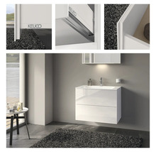 Salle de bains avec meuble sous-lavabo blanc à deux tiroirs et armoire de toilette assortie