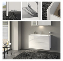Salle de bains moderne avec meuble sous-vasque blanc et logo Keuco