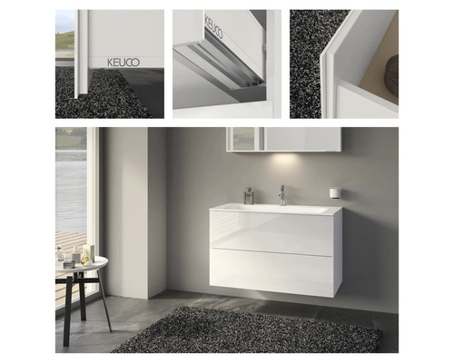 Modernes Badezimmer mit weißem Waschtischunterschrank und Keuco Logo