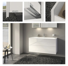 Salle de bain avec meuble sous-vasque, lavabo et miroir