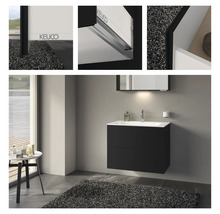 Salle de bains avec meuble sous-vasque noir, lavabo et miroir de Keuco