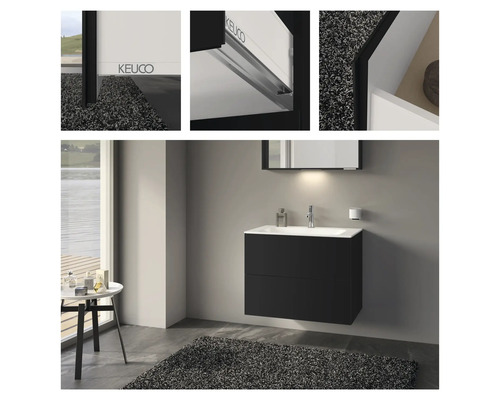 Salle de bains avec meuble sous-vasque noir, lavabo et miroir de Keuco