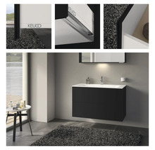 Salle de bain moderne avec meuble sous-vasque, miroir et table d''appoint.