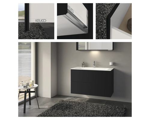 Salle de bain moderne avec meuble sous-vasque, miroir et table d''appoint.