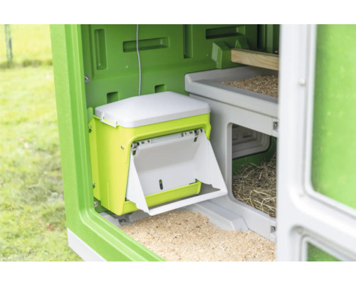 Vue intérieure d''un poulailler avec distributeur d''aliments