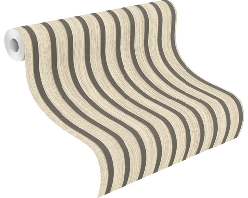 Tapetenrolle mit Holzimitat und gewellten Streifen