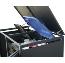Mülltonnenbox mit geöffneten Deckeln und Mülltonnen