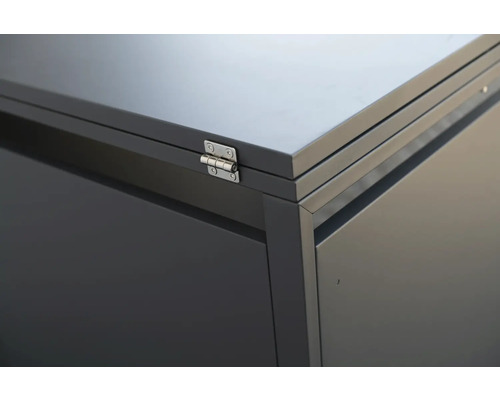 Vue détaillée d''un coffre de rangement gris avec charnière