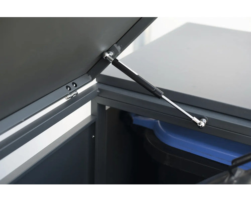 Vue détaillée d''un abri poubelle avec couvercle ouvert et vérin à gaz