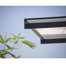 Nahaufnahme einer Terrassenüberdachung mit einem schwarzen Rahmen und einer hellen Unterseite