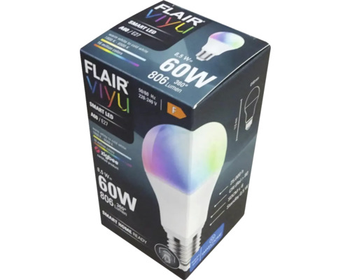 Verpackung einer Flair Viyu A60 E27 Smart LED Lampe mit 8,5 Watt Leistung, 60 Watt Entsprechung und 806 Lumen Helligkeit