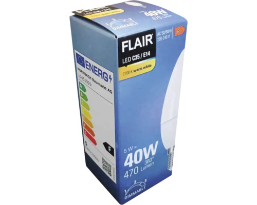 Verpackung einer dimmbaren Flair LED Lampe C35/E14, 40 Watt, 470 Lumen