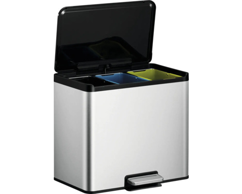 Poubelle en acier inoxydable avec trois compartiments et pédale