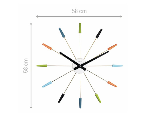 Wanduhr mit farbigen Markierungen und den Maßen 58 mal 58 Zentimeter