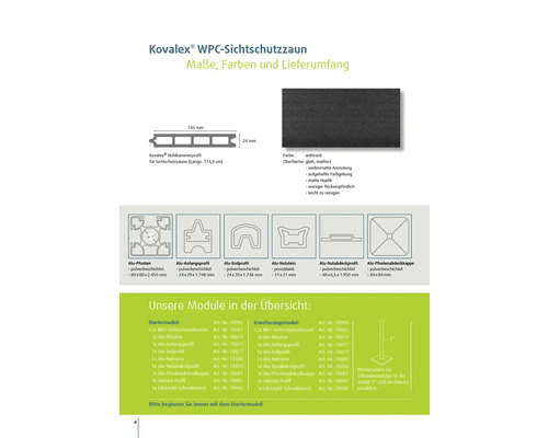 Produktinformationen zum Kovalex WPC Sichtschutzzaun mit Maßangaben und Details zu Farben und Lieferumfang