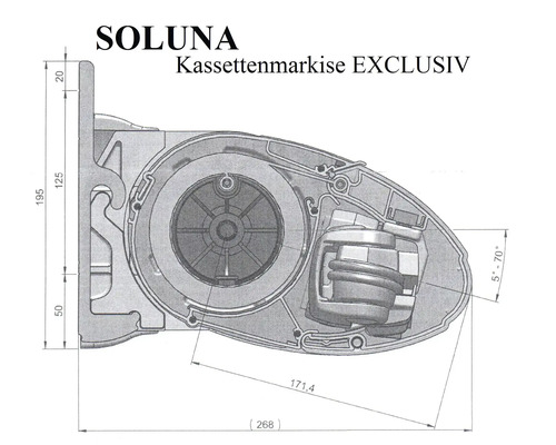Technische Zeichnung einer Soluna Kassettenmarkise Exclusiv mit Maßangaben