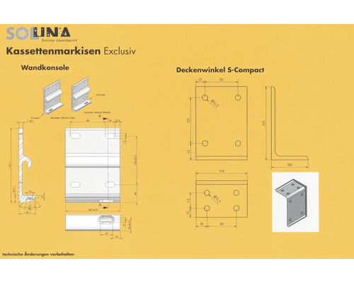 Technische Zeichnungen von Wandkonsole und Deckenwinkel S-Compact für Kassettenmarkisen