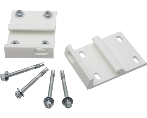 Zwei weisse Geländerhalterungen mit passenden Schrauben
