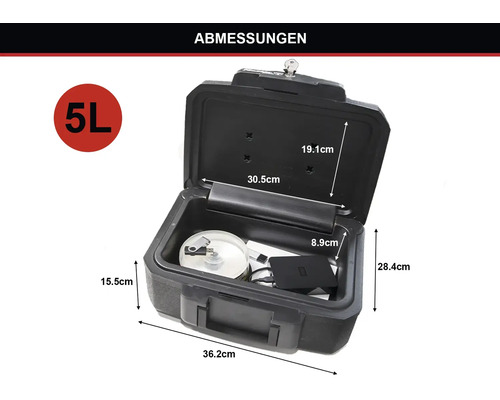 Geöffneter Dokumentenkoffer mit den Abmessungen 36,2 cm x 28,4 cm x 15,5 cm und einem Volumen von 5 Litern