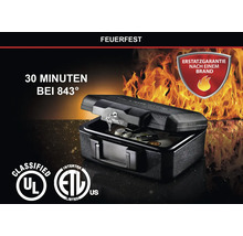 Feuerfester Safe mit Geld und Münzen, Schutz von 30 Minuten bei 843 Grad, UL- und ETL-Zertifizierung sowie Ersatzgarantie nach einem Brand.