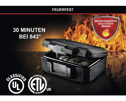 Feuerfester Safe mit Geld und Münzen, Schutz von 30 Minuten bei 843 Grad, UL- und ETL-Zertifizierung sowie Ersatzgarantie nach einem Brand.