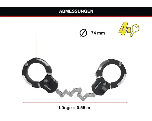 Master Lock Handschellen-Fahrradschloss mit vier Schlüsseln, 0.55 Meter lang, 74 Millimeter Durchmesser