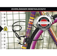 Fahrrad mit Kabelschloss an einem Zaun befestigt, mit Diebstahlschutz Stufe 6 und Herstellergarantie