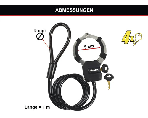Master Lock Kabelschloss mit Bügelschloss, Kabellänge 1 Meter, Bügelbreite 5 Zentimeter, Kabeldurchmesser 8 Millimeter, inklusive vier Schlüssel