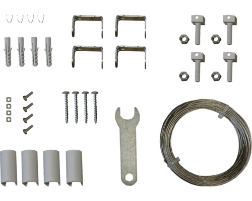 Kit de montage complet avec vis, chevilles, écrous, supports, câble en acier et outils