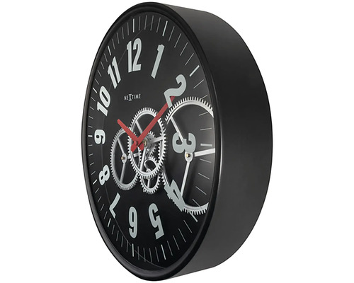 Schwarze Wanduhr mit Zahnrad-Design