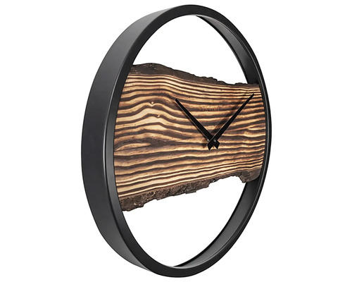 Horloge murale avec disque en bois et cadre noir