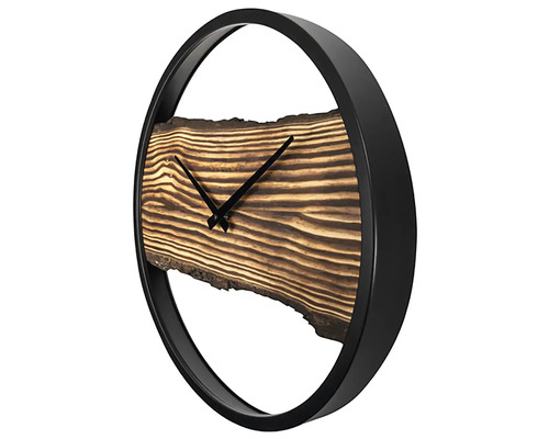 Horloge murale avec disque en bois et cadre noir