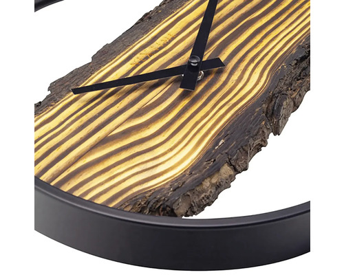 Horloge murale avec disque en bois et cadre en métal