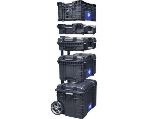 Mehrteiliges, schwarzes Werkzeugkoffersystem mit Transportwagen