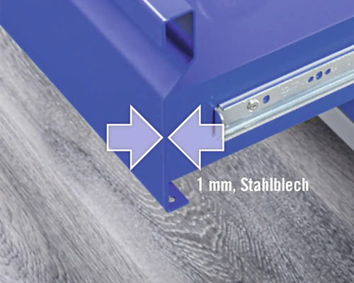 Detailansicht einer Werkbank aus 1 mm Stahlblech