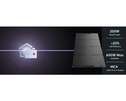 Solarmodul mit 200 Watt Nennleistung, mindestens 23 Prozent Zellwirkungsgrad, 600 Watt maximal verkettbar und MC4 Solaranschluss