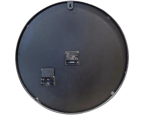 Rückseite einer runden Wanduhr mit Batteriefach und Aufhängevorrichtung