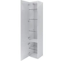 Offener, weisser Hochschrank mit Glasböden