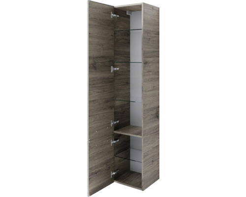 Armoire haute ouverte avec étagères en verre et aspect bois