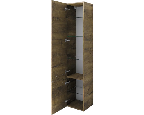 Armoire haute avec porte ouverte et étagères en verre