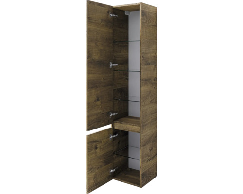 Armoire haute avec porte en bois et étagères en verre pour la salle de bains