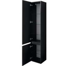 Armoire haute noire avec portes ouvertes et étagères en verre
