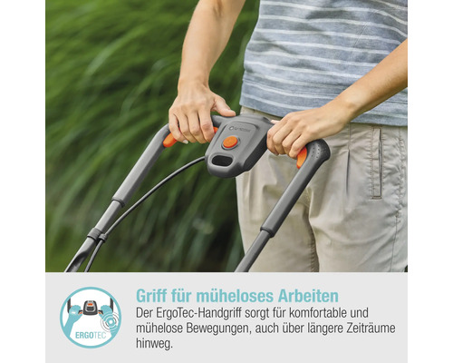 Person hält Rasenmäher mit ErgoTec Griff